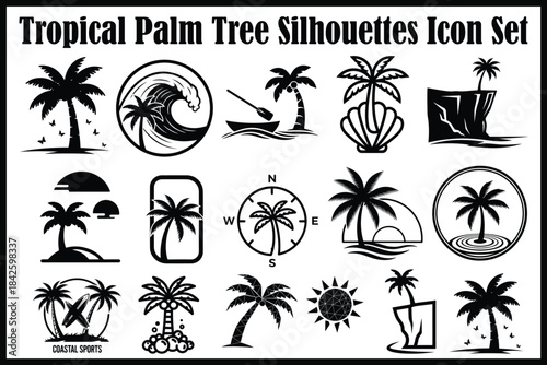 Tropical Palm Tree Silhouettes Icon Set