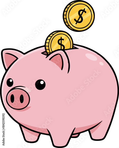 Cute pink piggy bank illustration with golden coins dropping in, flat cartoon savings icon