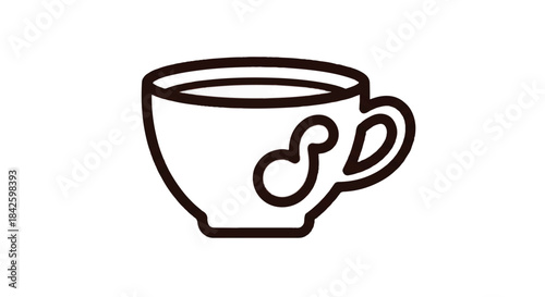 A simple line art drawing of a coffee cup with a musical note symbol on it.