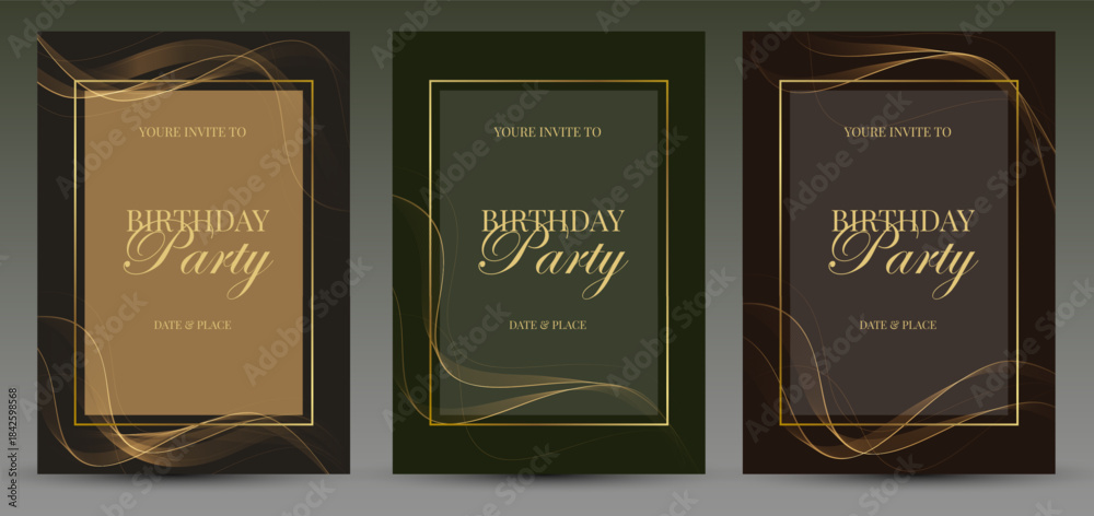 Fototapeta premium Abstract shiny gold wave Invitation Card Design. Vector illustration. Merry Christmas, Happy New Year, Birthday, Anniversary Background. BG for invitation and greeting card