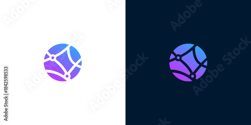 Abstract globe network connection logo design with purple and blue gradient on white and dark backgrounds