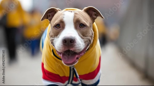 A happy pitbull dog wearing a colorful hoodie, walking on a city street.