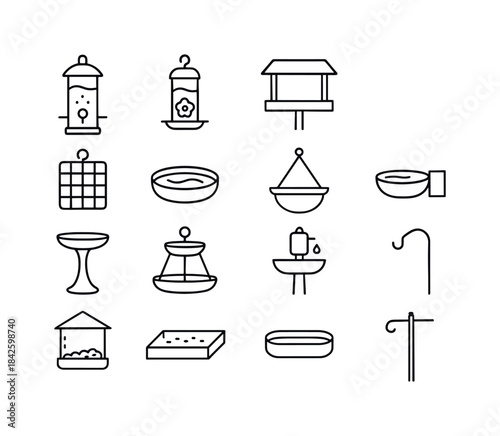 Bird Feeder Icons. Bird Feeders & Water. Line icon set of Bird F