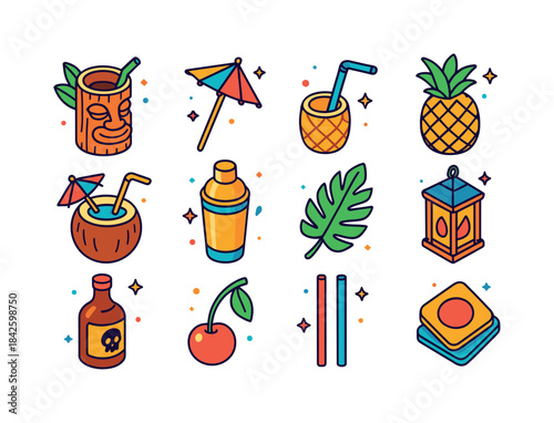 Tiki Bar Icons. Tiki Bar. Colorful isometric vector icons set of