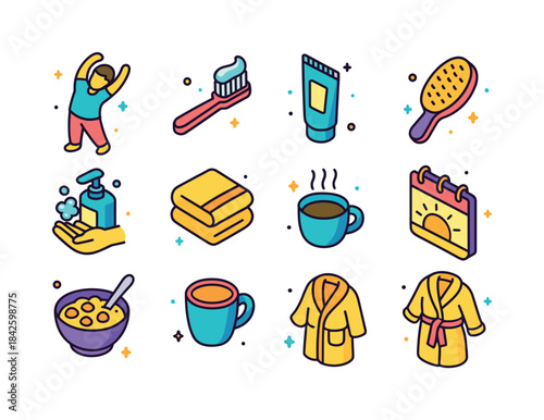Colorful Morning Routine Icons. morning routine. Colorful isomet