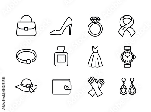 Luxury Fashion Icons. Luxury fashion items. Line icon set of lux