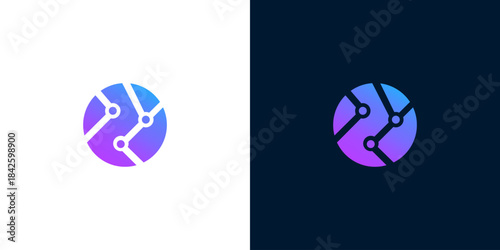 Modern abstract circular network logo design with blue and purple gradient and nodes connected by lines on white and dark backgrounds