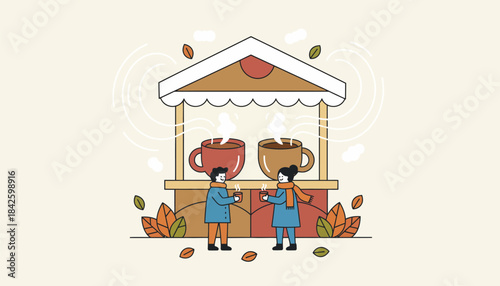 A cozy stand offering warm ed cider and hot chocolate with a sweet aroma filling the air as customers gather for tasty seasonal drinks.