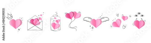 Minimal love icons set with pink hearts with sketch style elements, envelopes, wings, balloons, sparkles for Valentines Day stickers, greeting cards, mobile apps,digital planners, social media. Vector