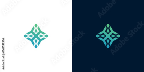 Abstract Geometric Starburst Emblematic Symbol with Gradient Colors on White and Dark Blue Backgrounds