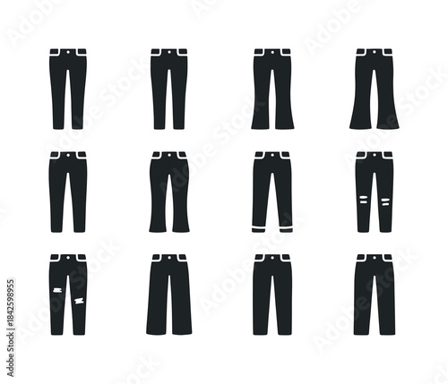 Denim Icon Collection. Denim styles. Solid icon set of denim sty