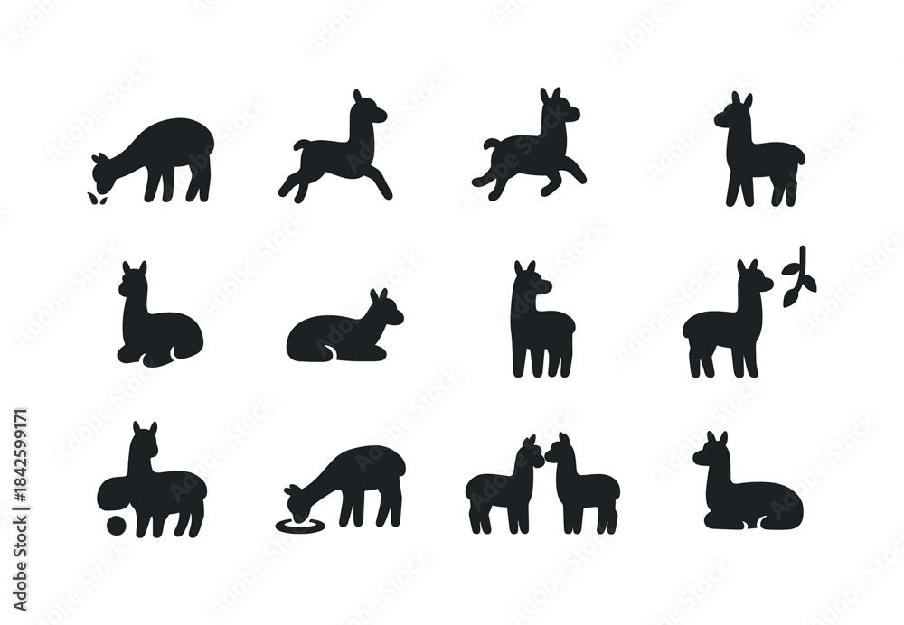 Naklejka premium Alpaca Activity Icons. Alpaca activities. Solid icon set of alpa