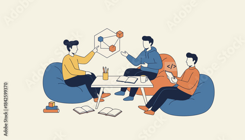 A cozy study area with students lounging on bean bags discussing coding problems and brainstorming solutions.