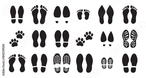 Human bare walk footprints shoes and shoe sole Kids feet vector set. footsteps icon or sign for print, trail Walking footstep and footprint follow route sale