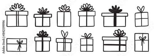 gift box doodle. Gift doodle bow present with ribbon illustration. Present hand drawn icon decorative outline element