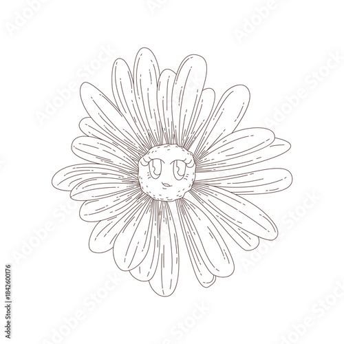Groovy funny psychedelic flower character with cute shy face vector illustration