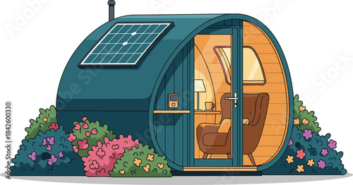 A charming, off-grid cozy nook house with solar panels. Inside, a comfortable armchair and reading light create a relaxing retreat. Perfect for showcasing sustainable living and peaceful escapes.