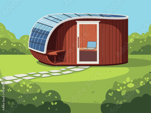 charming sustainable creative space features a curved wooden cabin with solar panels and a laptop Ideal for showcasing remote work eco-friendly living or digital nomad lifestyles