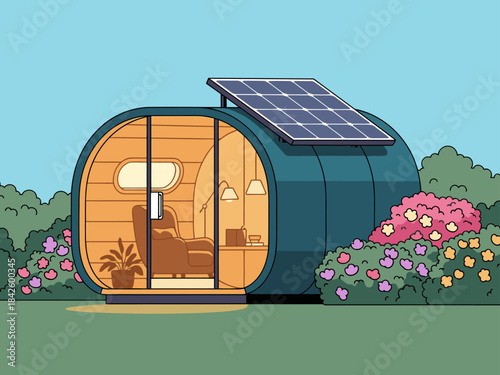 A charming, modern tiny home with solar panels and a cozy interior. Perfect for showcasing sustainable living and relaxation. Bright, inviting, and visually appealing.