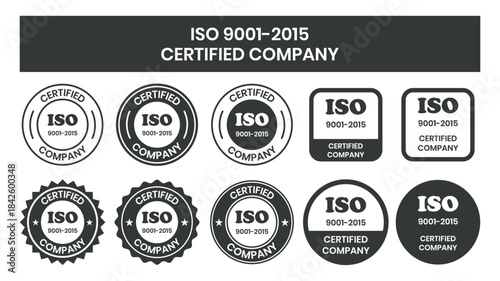 ISO 9001-2015 Certified Company Stamp. Quality Assurance and Compliance Certification Logo for Business and Manufacturing. ISO 9001-2015 Certified Company badge, flat vector, isolated illustration.