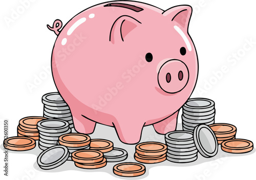 Cute pink piggy bank illustration surrounded by stacks of silver and copper coins, flat cartoon savings concept