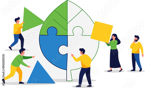 Diverse team collaborates to solve a puzzle representing global challenges. Bright, modern illustration with a focus on teamwork and problem-solving.  ?Solve Together Now? tagline.