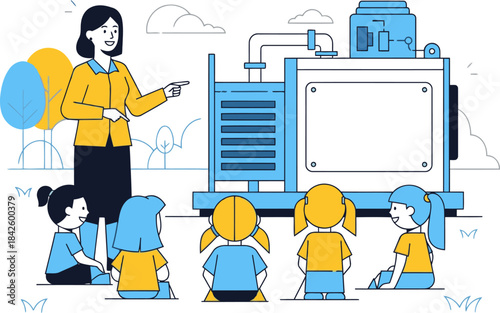 An educator guides young students through future skills using a digital display. A modern, bright illustration showcases learning and technology.  Ideal for education and future concepts.