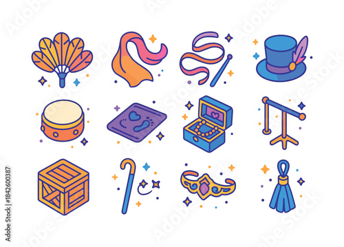 Colorful Dance Props Icons. Dance props. Colorful isometric vect