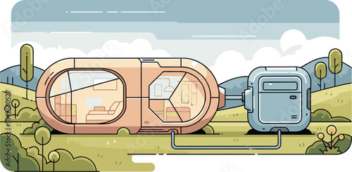 modern bubble-shaped living pod nestled in a green meadow It features a large window showcasing a cozy interior A smaller blue utility module connects to the main structure