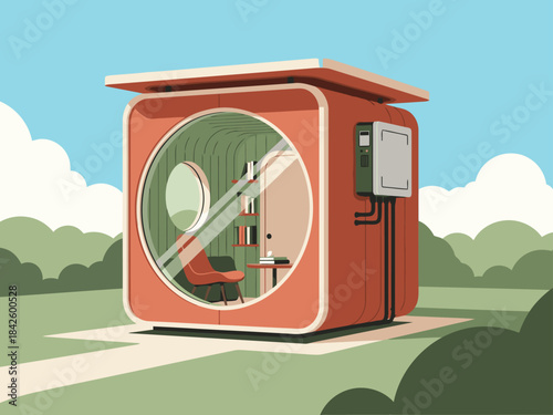 modern compact studio pod with a circular window and charging station It-s a stylish small space designed for big ideas perfect for remote work or creative projects  Bright inviting and minimalist