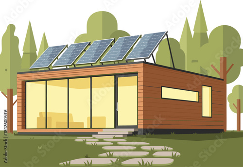 A modern, eco-friendly cedar shed features solar panels and a glass facade. It?s a visually appealing, sustainable design perfect for lifestyle and business imagery. Bright, clean, and inviting.