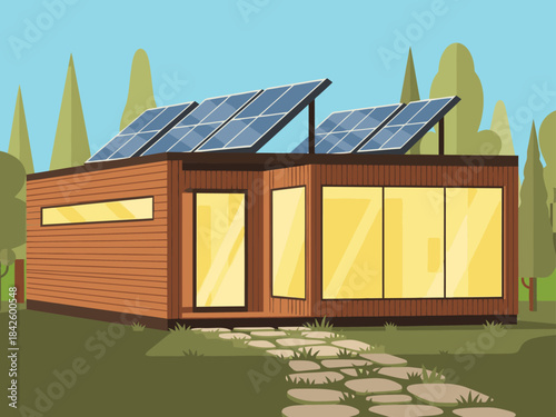 A modern, eco-friendly cedar shed with solar panels and large windows sits in a natural setting. It?s a visually appealing and sustainable design, perfect for lifestyle or business imagery.