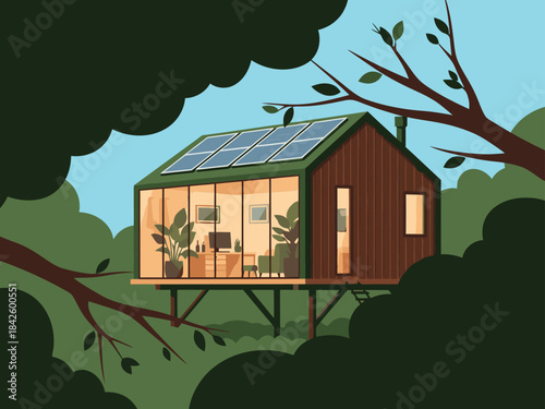 A modern, elevated office cabin nestled amongst trees. It features a glass facade, solar panels, and a rustic interior. Perfect for showcasing remote work and nature-inspired productivity.