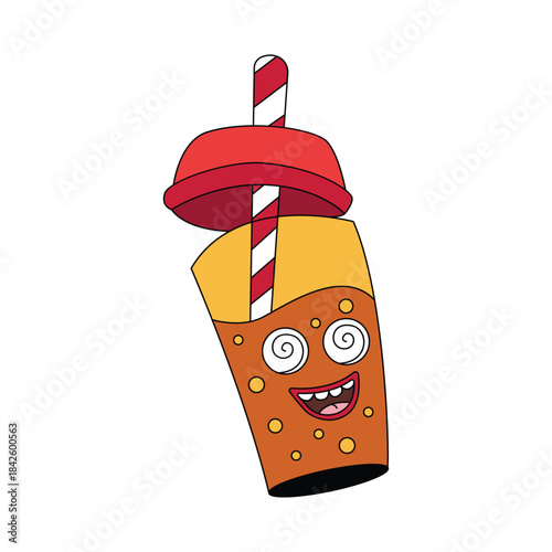 Groovy cup of soda water character with straw and spirals of hallucination in eyes vector illustration
