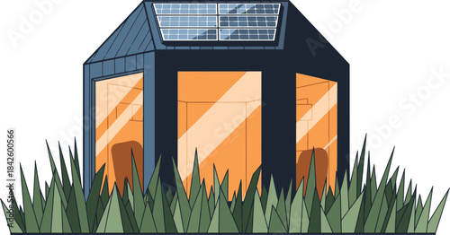 A modern, geometric haven features solar panels and expansive windows, nestled in a grassy landscape. It?s a visually striking, sustainable design ? perfect for showcasing eco-friendly living.