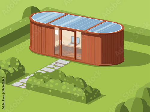 A modern, eco-friendly creative space pod sits in a lush garden. It features large windows and a minimalist interior, perfect for focused work or relaxation. A serene and inviting design.