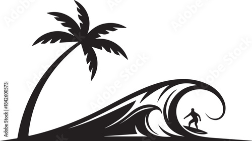 Tropical Beach Wave with Palm Tree Silhouette Vector Design