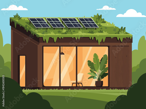 A modern, green-roofed building with solar panels and large windows. It?s a visually appealing, sustainable design, perfect for business or eco-friendly concepts. Grow your business!