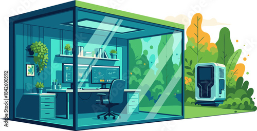 A modern, glass-walled innovation lab blends technology with nature. Inside, a professional works at a desk surrounded by greenery and digital displays. A vibrant, creative workspace.