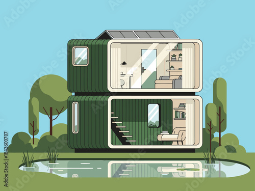 A modern, stacked container home offers a peaceful workspace nestled in nature. The design features a bright interior and a serene outdoor setting. Ideal for lifestyle and business visuals.