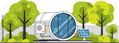 A modern, sustainable home office pod nestled amongst trees. It features solar panels and a large window, showcasing a bright, eco-friendly workspace. Ideal for business or lifestyle visuals.