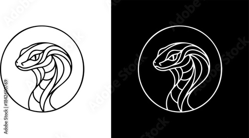 King Cobra Head Side View Line Art Vector Logo. Minimalist Snake Inside Circle Illustration. Elegant Reptile Symbol for Branding, Identity, and Badge Design in Black and White.