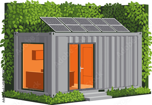 modern sustainable shipping container home integrates solar panels and lush greenery It-s a stylish eco-friendly design perfect for showcasing innovative living and green technology