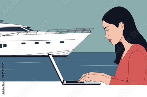 A professional woman works on a laptop, gazing at a luxury yacht in the distance.  A modern, serene scene blending nature and business. Focus on nature.