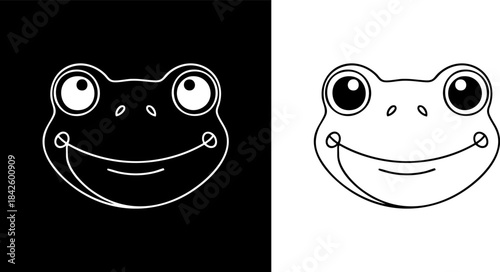 Cute black and white cartoon frog face illustration on a black and white background