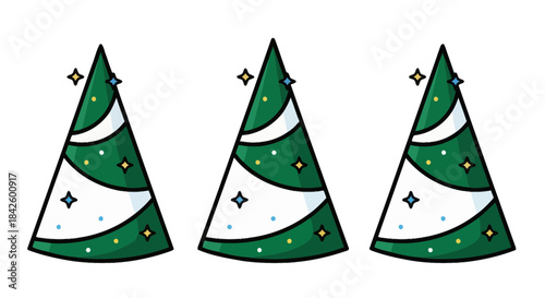 Flat Vector Cone-Shaped Winter Tree with Sparkles and Bold Black Outline