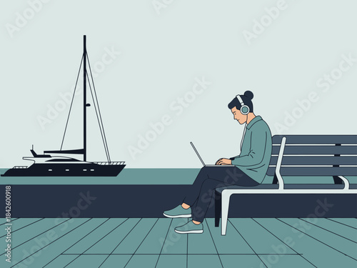 A young professional works on a laptop outdoors, listening to music with headphones, while a yacht is in the background. A serene, productive scene.