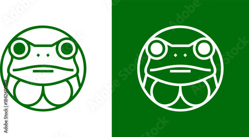 Two minimalist, circular green and white icons featuring a stylized frog face with distinctive eyes and mouth in a clean outline style