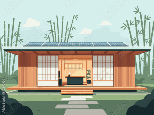 serene Zen work zone features a modern pavilion with solar panels and traditional Japanese design It evokes tranquility and productivity Ideal for wellness sustainability and mindful work concepts