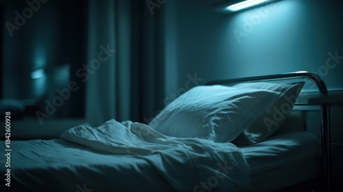 A hospital bed with white sheets in a dimly lit room